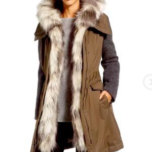 Vera Wang Green Khaki Faux Fur Trim Mixed Media Parka